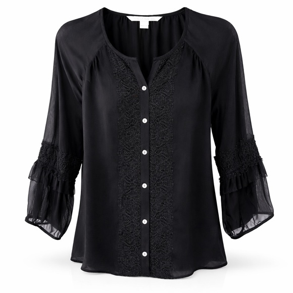 Diane Von Furstenberg Tops - Diane Von Furstenberg Silk Blouse Lace Trim Sheer Sleeve Black Size 10